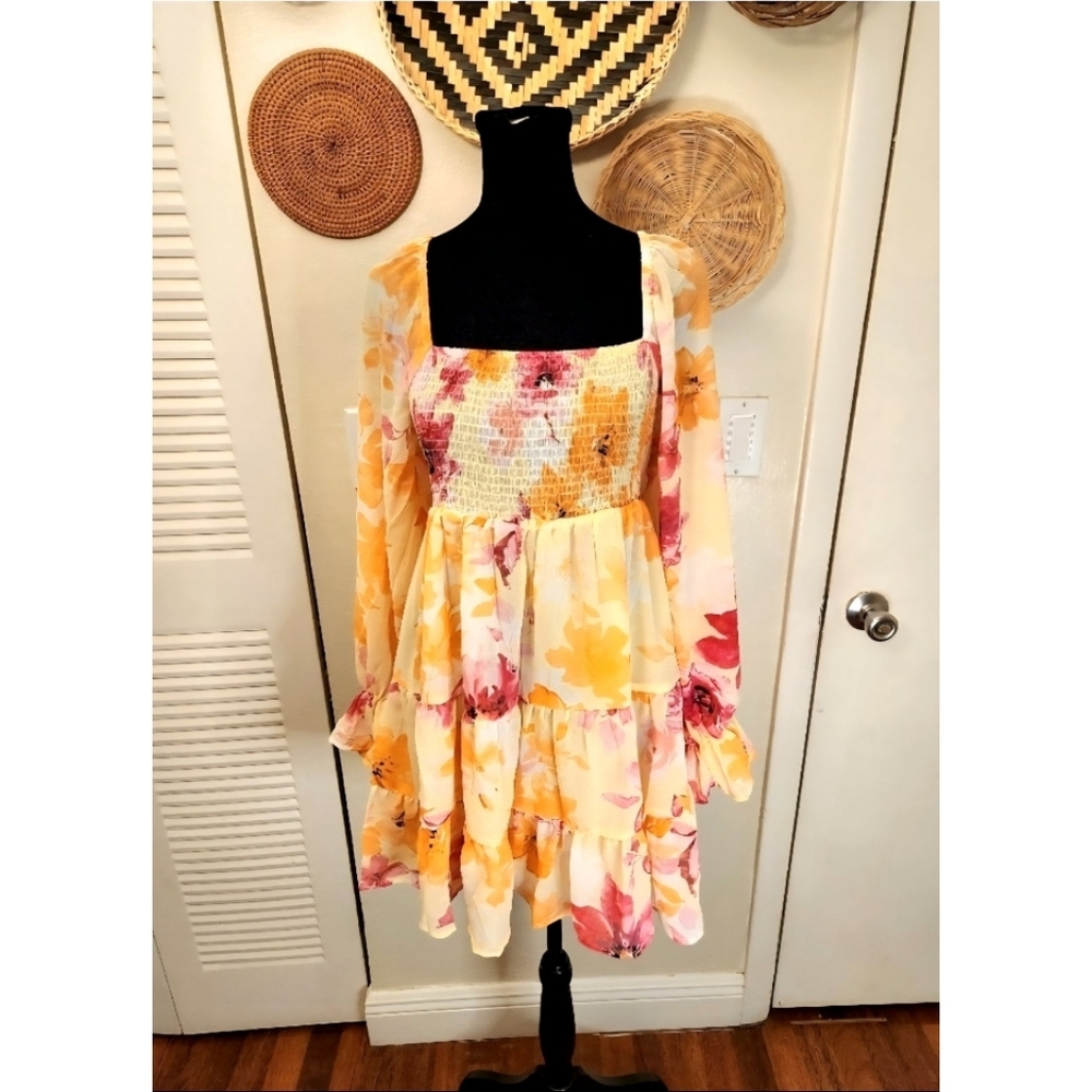 LAST ONE! Square Neck Yellow Floral Mini Dress With Flutter Sleeves NWT